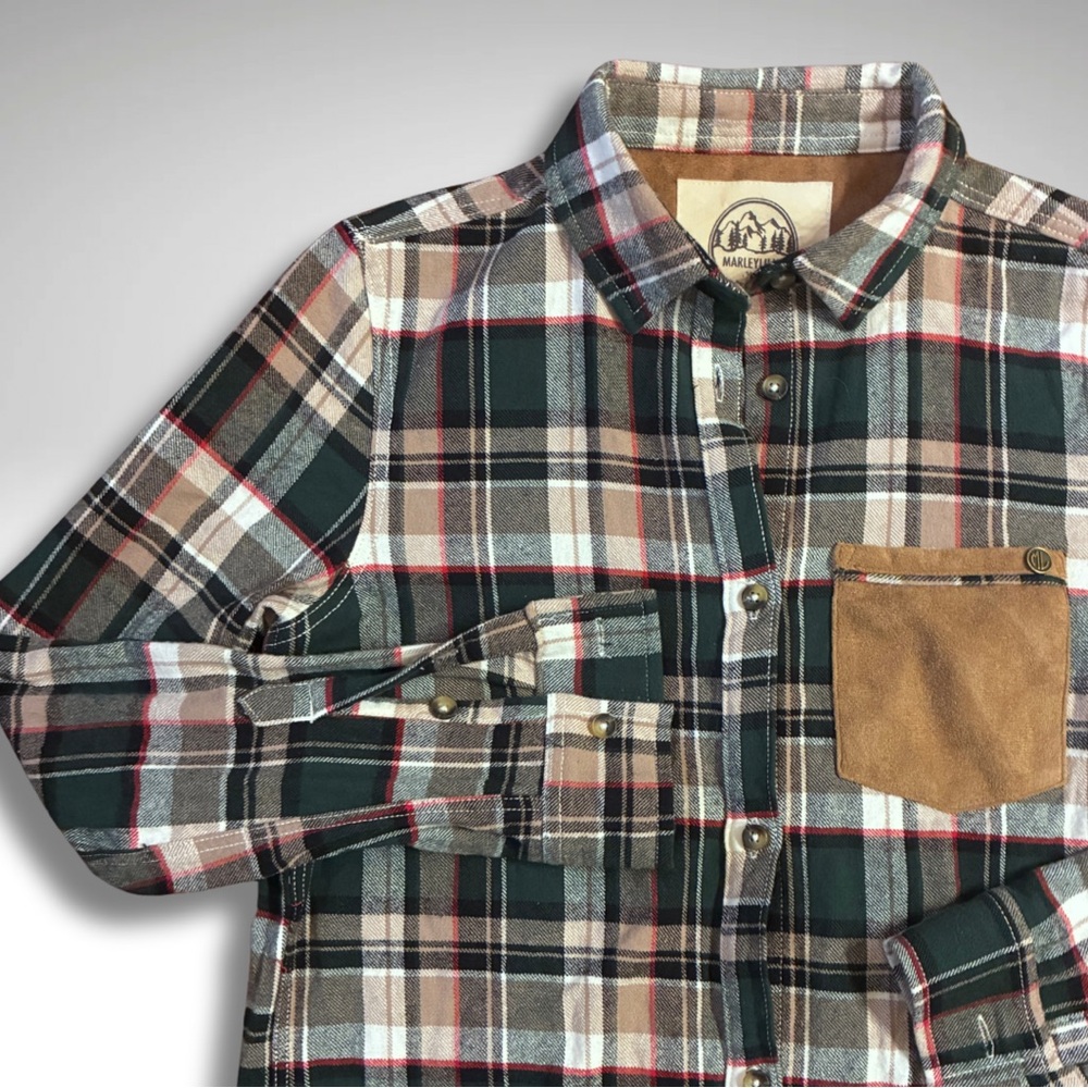 Heritage Green Plaid Flannel Shirt w/ Suede Chest Pocket XS